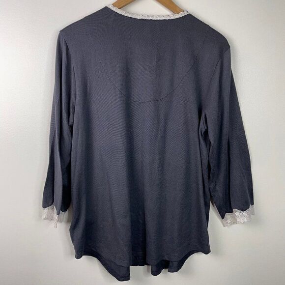 Eileen West  Two Piece Lace Trim Button Down Pajama Set  Dark Gray  Size Medium - Picture 5 of 7